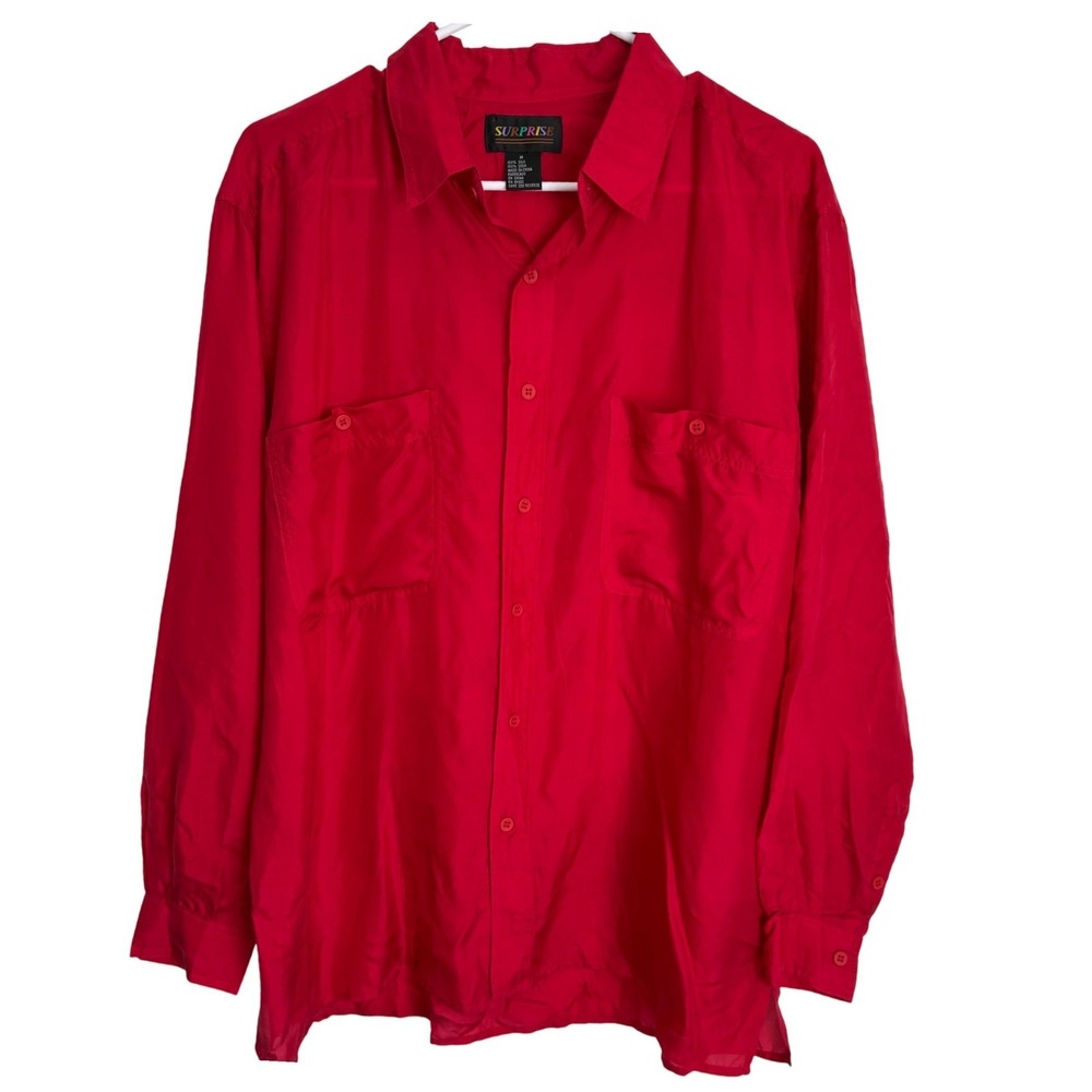 Vintage 90s Surprise Red 100% Silk Button Down Lounge Shirt Mens Medium